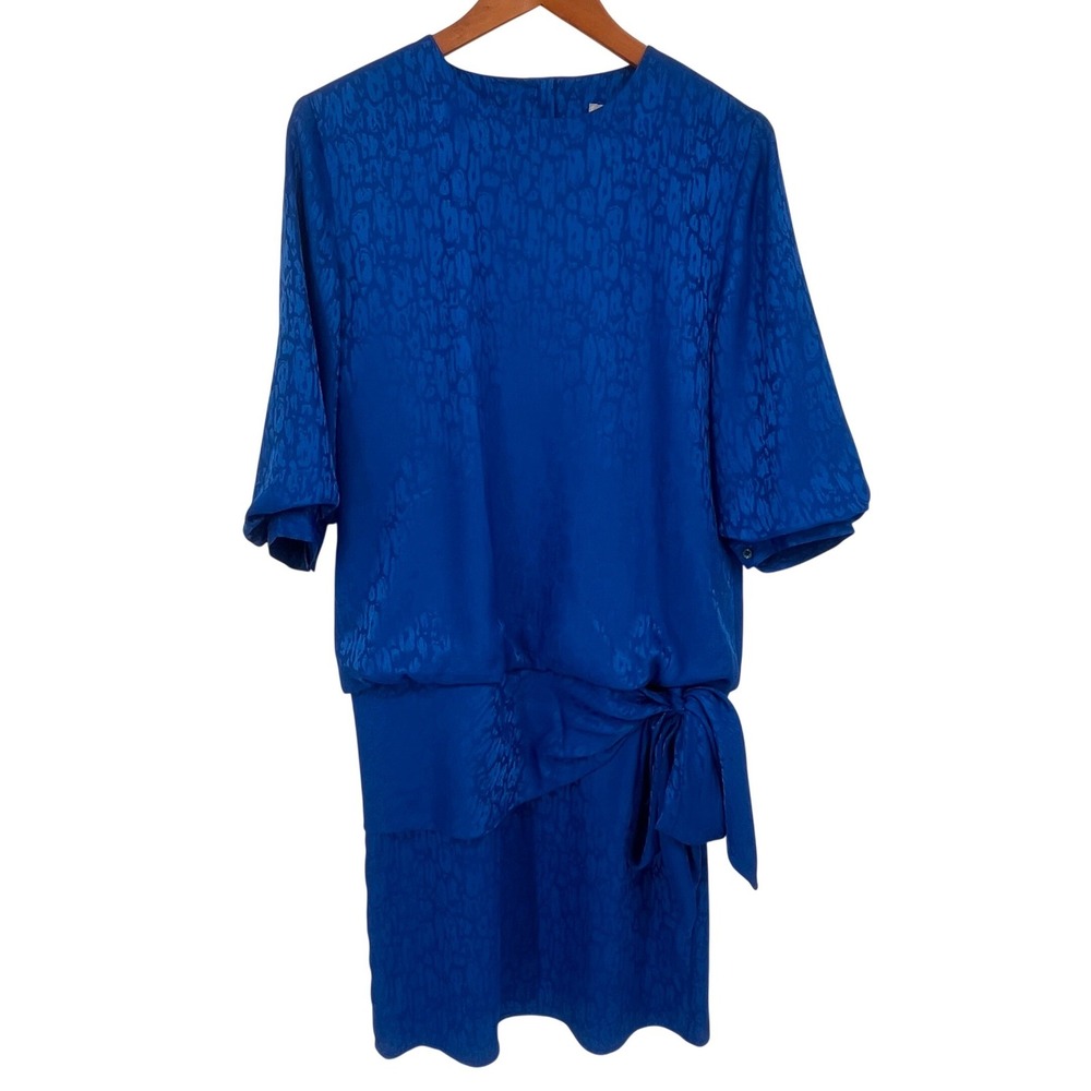 Vintage 80s Argenti‎ Women's Dress Size 10 Blue Animal Print Mock Wrap Tie Waist